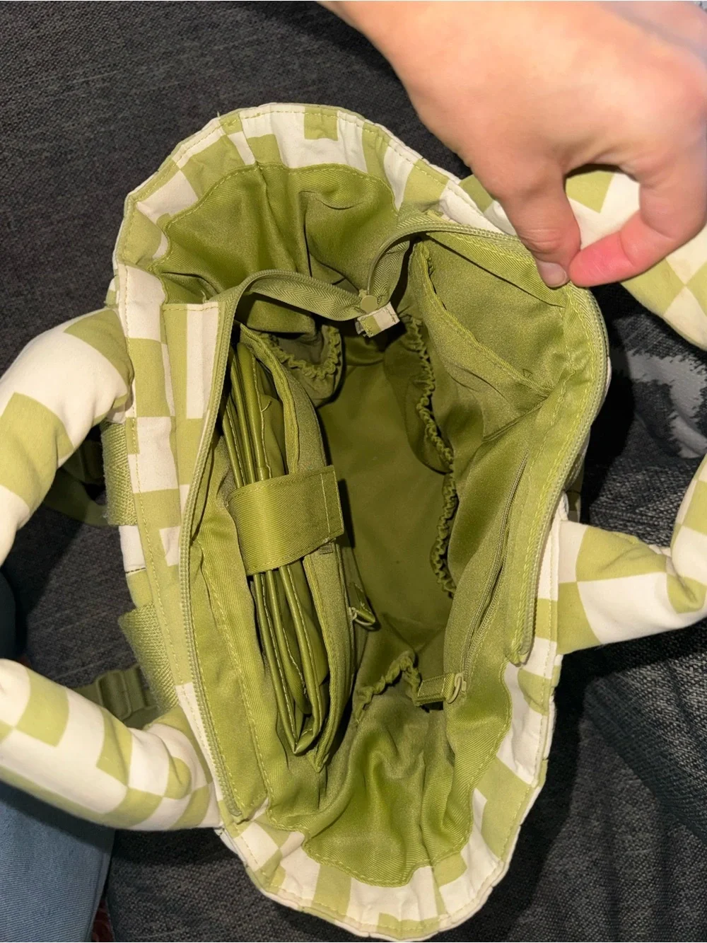 BEIS Quilted Checker Diaper Bag in Green and Cream